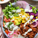 These Vegan BBQ Beef Bowls are the perfect weeknight dinner. Vegan beef crumbles, rice and all the veggies topped with a dairy-free yogurt ranch | ThisSavoryVegan.com #thissavoryvegan #veganbowls #veganbeef