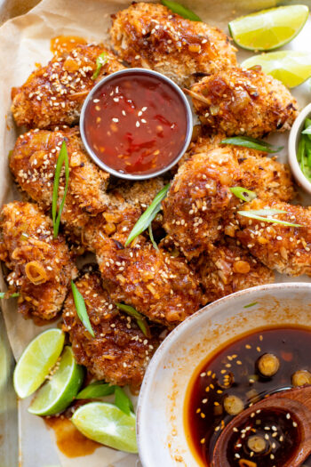 These Vegan Asian Chicken Wings are made out of soy curls, coated in panko and air fried until crispy. Served up with a sweet and spicy sauce | ThisSavoryVegan.com #thissavoryvegan #veganwings #soycurlrecipes