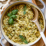 Not sure how to use up the rest of that summer zucchini? This Creamy Lemon Zucchini Orzo is just the thing. The perfect vegan side dish | ThisSavoryVegan.com #thissavoryvegan #summerrecipes #zucchinirecipes