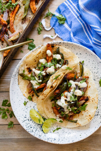 These Sheet Pan Soy Curl Poblano Fajitas are simple, delicious and the vegan weeknight dinner that everyone will love | ThisSavoryVegan.com #thissavoryvegan #sheetpandinners #vegandinners