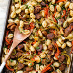 Vegan Sausage, Peppers & Gnocchi is the perfect weeknight sheet pan dinner! Ready in 30 minutes and made on just one baking sheet. Quick, easy, delicious | ThisSavoryVegan.com #thissavoryvegan #sheetpandinner #vegandinnerideas