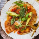 Spicy Vegan Breakfast Quesadillas are the perfect quick weekend breakfast. Vegan eggs, feta and spicy Calabrian chiles makes these amazing | ThisSavoryVegan.com #thissavoryvegan #veganbreakfast #veganbrunch