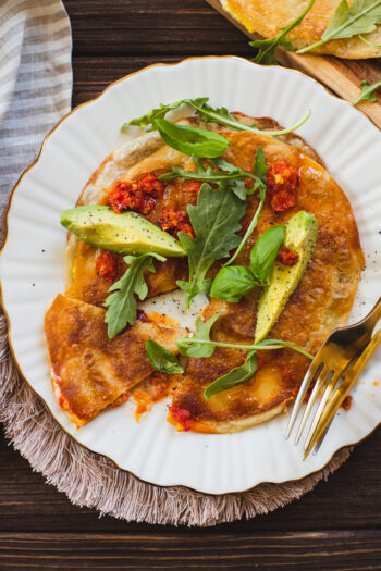 Spicy Vegan Breakfast Quesadillas are the perfect quick weekend breakfast. Vegan eggs, feta and spicy Calabrian chiles makes these amazing | ThisSavoryVegan.com #thissavoryvegan #veganbreakfast #veganbrunch