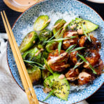These Sheet Pan Vegan Teriyaki Meatballs are a quick weeknight dinner made with vegan turkey "meat" and served with crispy brussels sprouts | ThisSavoryVegan.com #thissavoryvegan #vegantraderjoes #veganmeatballs