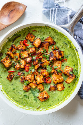 Chipotle Tofu in Creamy Poblano Sauce is an easy vegan dinner. The tofu is baked in chipotle sauce & served up with a veggie-packed sauce | ThisSavoryVegan.com #thissavoryvegan #tofu #tofurecipes