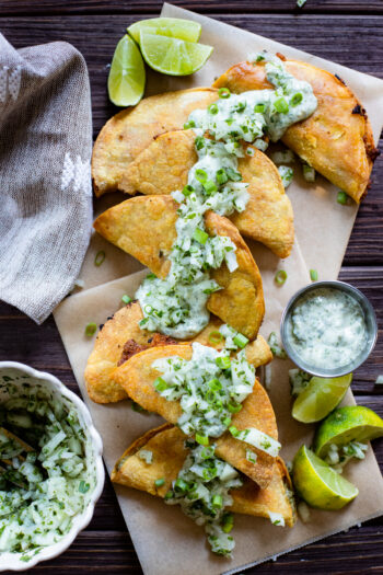 These Crispy Chipotle Tofu Tacos are filled with spicy tofu, baked until crispy and served with an herb-packed vegan jalapeño ranch | ThisSavoryVegan.com #thissavoryvegan #vegantacos #tofutacos