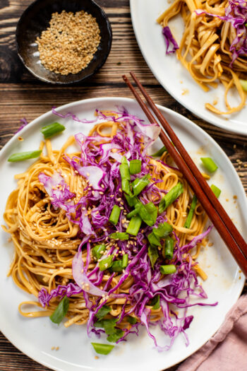 These Cold Sichuan Noodles are ready in less than 20 minutes! The perfect amount of heat, udon noodles and crunchy fresh veggies | ThisSavoryVegan.com #thissavoryvegan #coldnoodles #spicynoodles