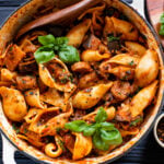 These Vegan Sausage & Eggplant Shells are the perfect weeknight dinner. Cooked in one pot, veggie-packed and super saucy. So delicious | ThisSavoryVegan.com #thissavoryvegan #veganpasta #weeknightdinner
