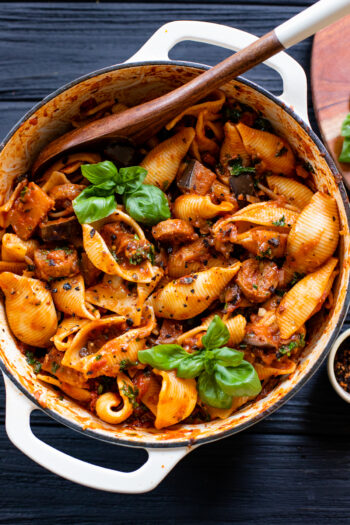 These Vegan Sausage & Eggplant Shells are the perfect weeknight dinner. Cooked in one pot, veggie-packed and super saucy. So delicious | ThisSavoryVegan.com #thissavoryvegan #veganpasta #weeknightdinner