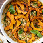 This Creamy Orzo and Acorn Squash is comforting, delicious & easy. The orzo is creamy & dairy-free. The acorn squash is seasoned & roasted until tender | ThisSavoryVegan.com #thissavoryvegan #skilletdinner #fallrecipes