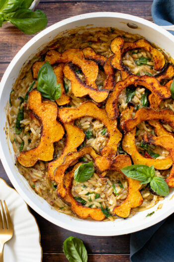 This Creamy Orzo and Acorn Squash is comforting, delicious & easy. The orzo is creamy & dairy-free. The acorn squash is seasoned & roasted until tender | ThisSavoryVegan.com #thissavoryvegan #skilletdinner #fallrecipes