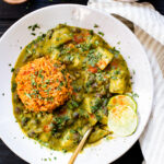 This Poblano Potato Soup with Soyrizo Rice is hearty, comforting and delicious. The soup is creamy, the rice is savory. The perfect vegan dinner | ThisSavoryVegan.com #thissavoryvegan #vegansoup #potatosoup
