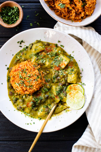 This Poblano Potato Soup with Soyrizo Rice is hearty, comforting and delicious. The soup is creamy, the rice is savory. The perfect vegan dinner | ThisSavoryVegan.com #thissavoryvegan #vegansoup #potatosoup
