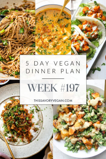 Not sure what to make for dinner this week? I have you covered with 5 simple & delicious vegan dinner ideas! Grocery list is included | Vegan Dinner Plan #197 | ThisSavoryVegan.com