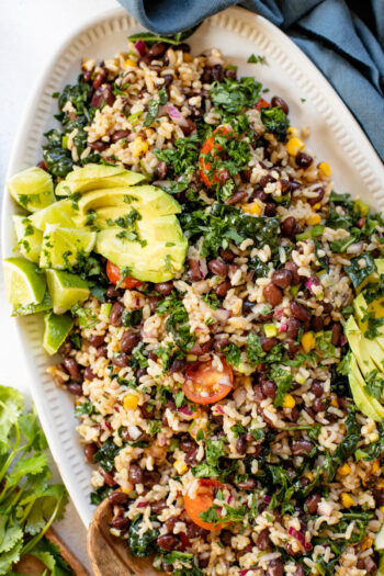 This Black Bean Brown Rice Salad is filled with veggies, tossed with a chipotle vinaigrette and topped with avocado & cilantro | ThisSavoryVegan.com #thissavoryvegan #saladideas #veganlunch