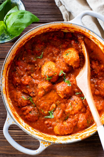 These Vegan Turkey Meatballs & Orzo are the best vegan dinner! Meatballs are simmered in marinara sauce before being served over garlic basil orzo | ThisSavoryVegan.com #thissavoryvegan #veganmeatballs #easyvegandinner