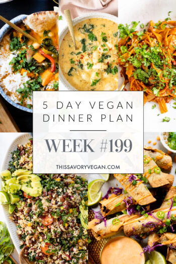 Not sure what to make for dinner this week? I have you covered with 5 simple & delicious vegan dinner ideas! Grocery list is included | Vegan Dinner Plan #199 | ThisSavoryVegan.com