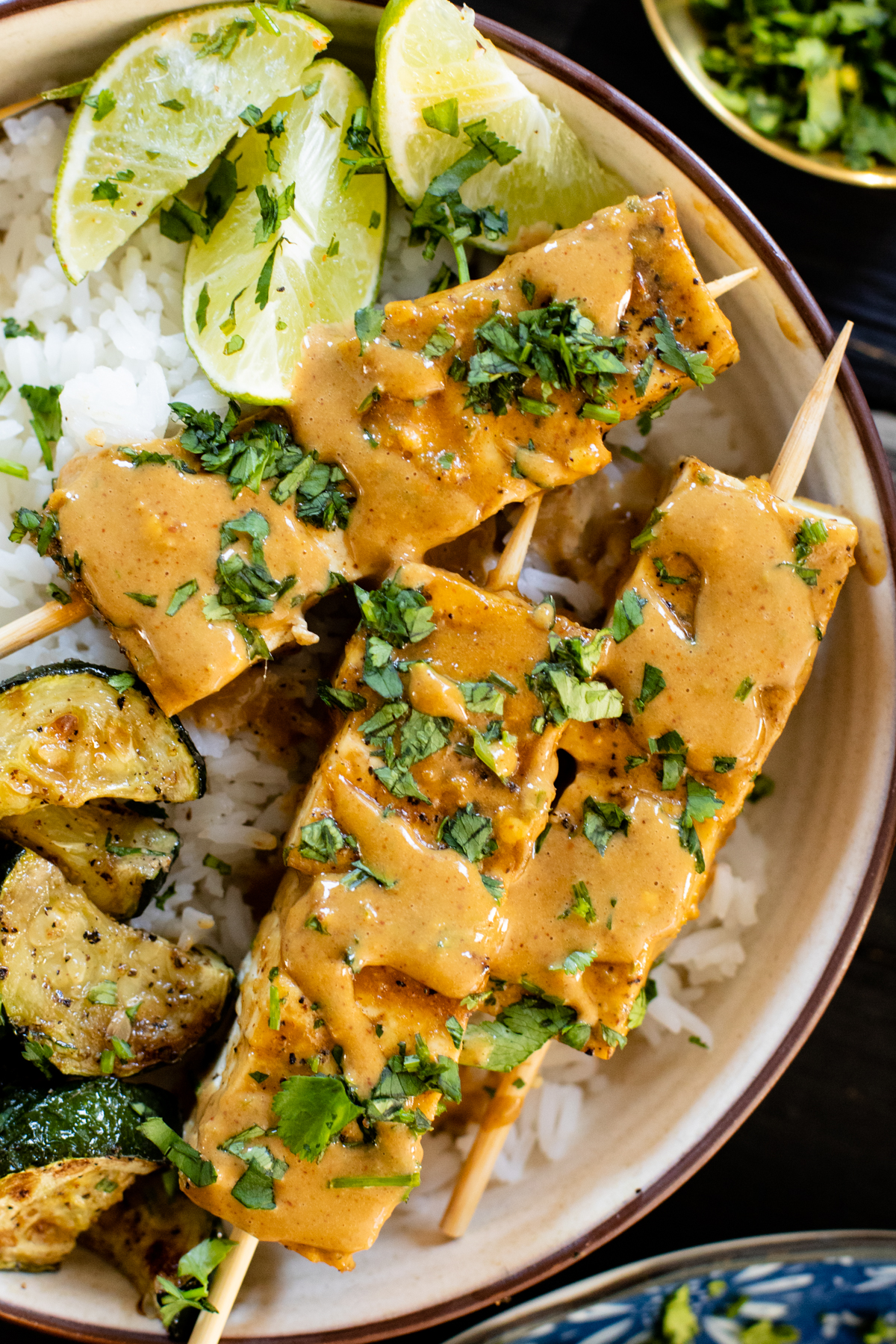 These Peanut Tofu Skewer Bowls have grilled tofu, rice, roasted zucchini and the BEST peanut sauce. This is the ultimate vegan dinner | ThisSavoryVegan.com #thissavoryvegan #peanuttofu #tofurecipes