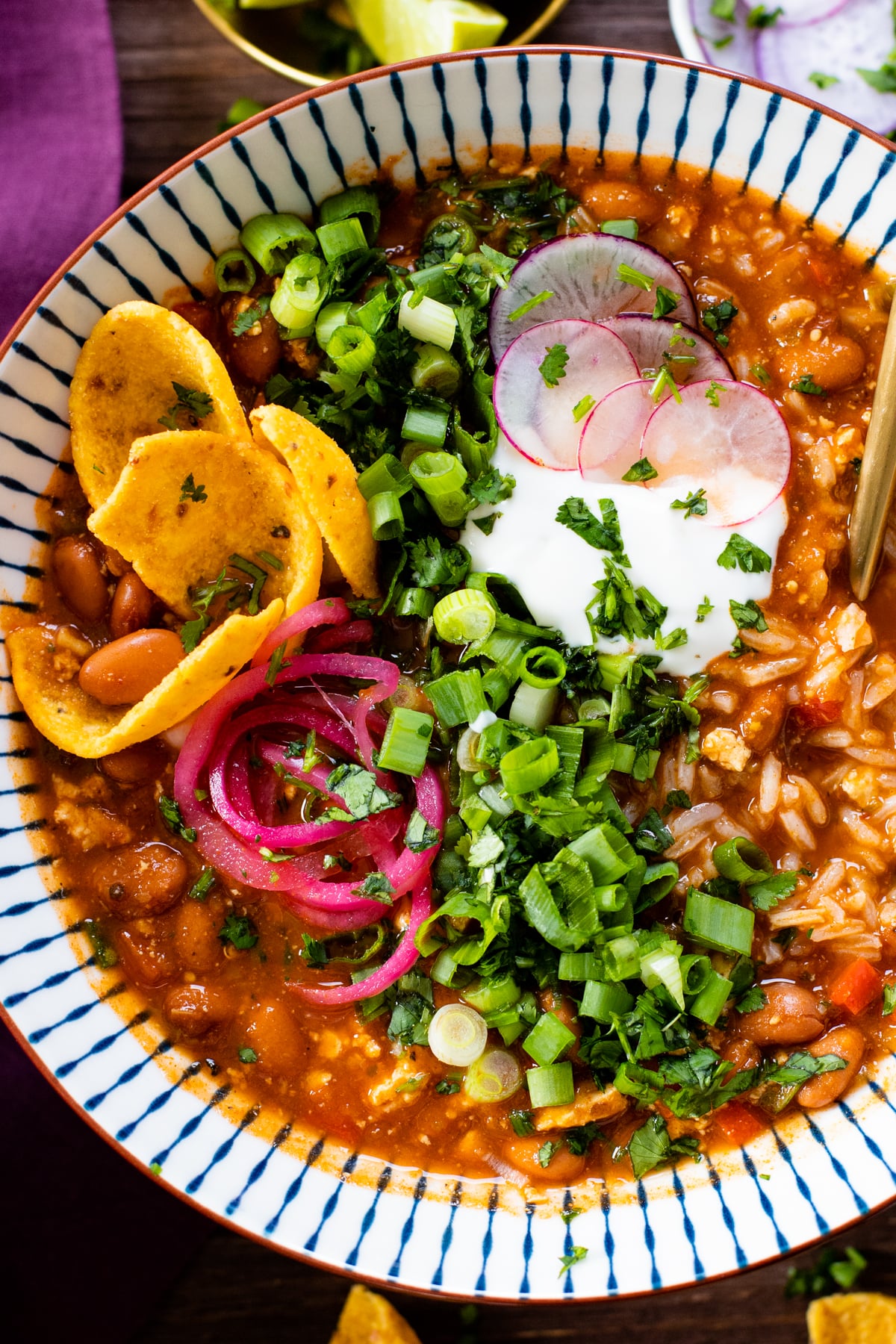 This Salsa Verde Bean & Rice Soup is comforting, filling and healthy. Filled with veggies & pinto beans and served with steamed rice | ThisSavoryVegan.com #thissavoryvegan #winterrecipes #fallrecipes