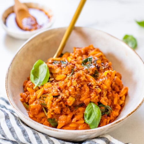 This Spicy Soyrizo & Orzo Skillet is the perfect one-pot weeknight dinner! Creamy tomato sauce, crispy soyrizo, tender orzo & plenty of veggies | ThisSavoryVegan.com #thissavoryvegan #onepotrecipes #vegandinnerideas