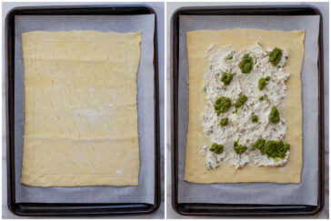 This vegan Heirloom Tomato Tart is made with puff pastry, a creamy non-dairy cheese, pesto & heirloom tomato slices. The perfect summer appetizer or brunch idea | ThisSavoryVegan.com #puffpastryideas #heirloomtomatorecipes #summerrecipes