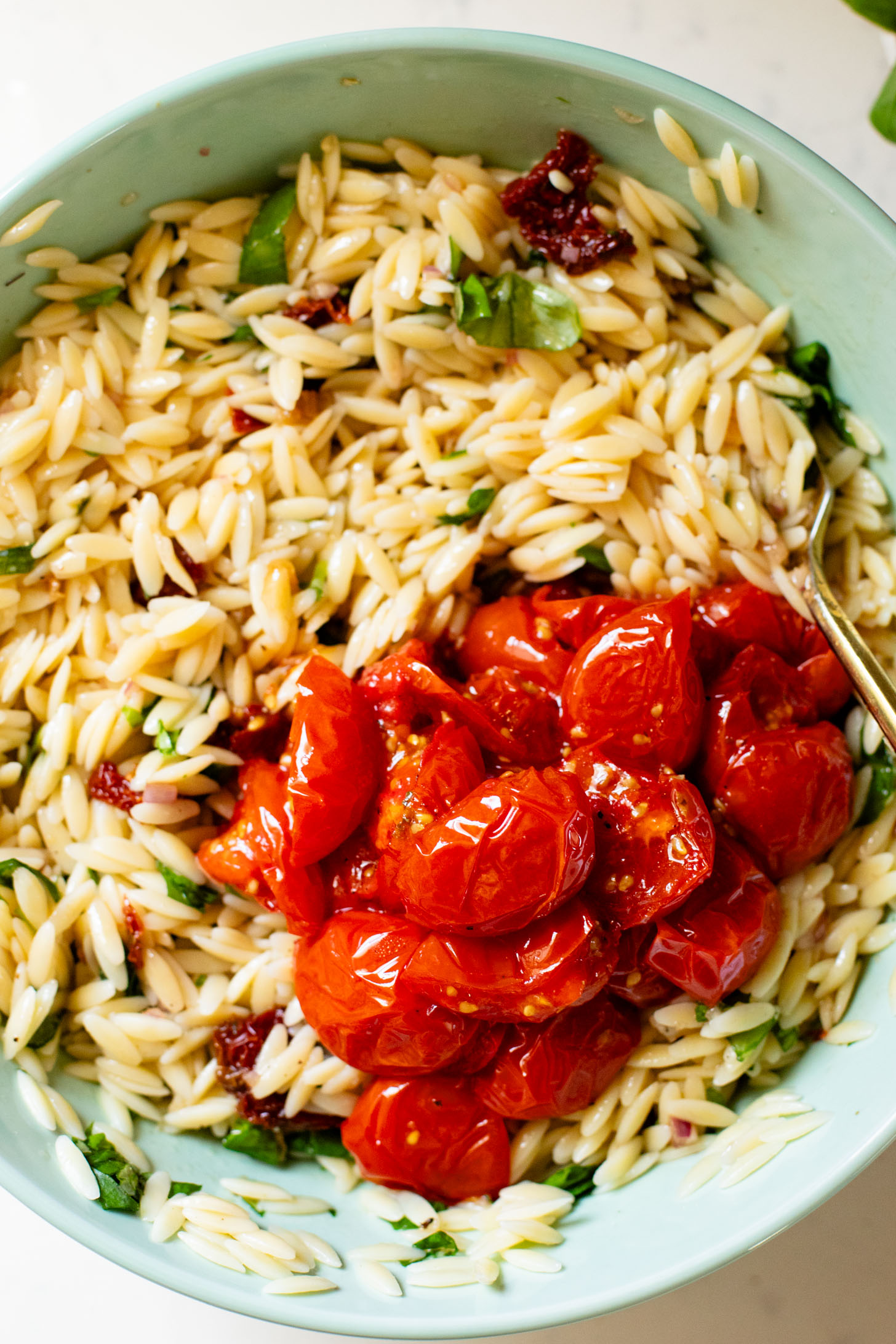 This Roasted Tomato & Basil Orzo Salad has roasted tomatoes & garlic, vegan feta, fresh basil and a balsamic dressing. Fresh, bright & delicious | ThisSavoryVegan.com #thissavoryvegan #pastasalad #summersidedish