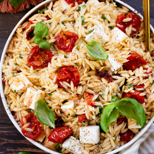 This Roasted Tomato & Basil Orzo Salad has roasted tomatoes & garlic, vegan feta, fresh basil and a balsamic dressing. Fresh, bright & delicious | ThisSavoryVegan.com #thissavoryvegan #pastasalad #summersidedish