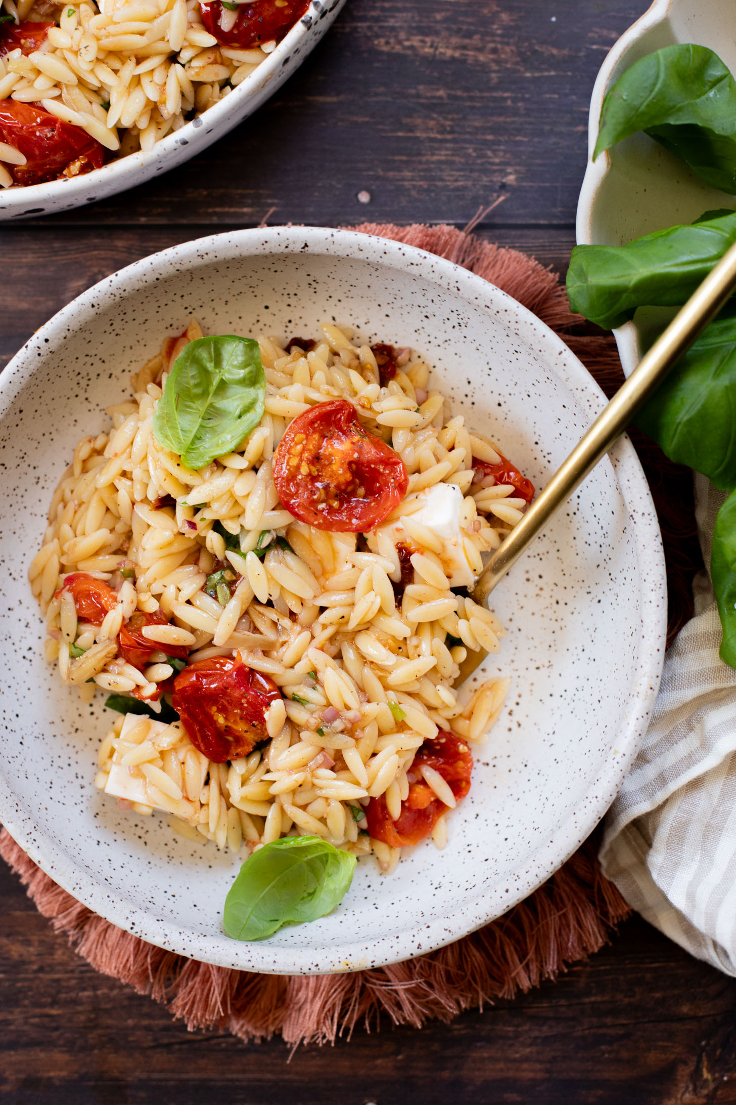 This Roasted Tomato & Basil Orzo Salad has roasted tomatoes & garlic, vegan feta, fresh basil and a balsamic dressing. Fresh, bright & delicious | ThisSavoryVegan.com #thissavoryvegan #pastasalad #summersidedish