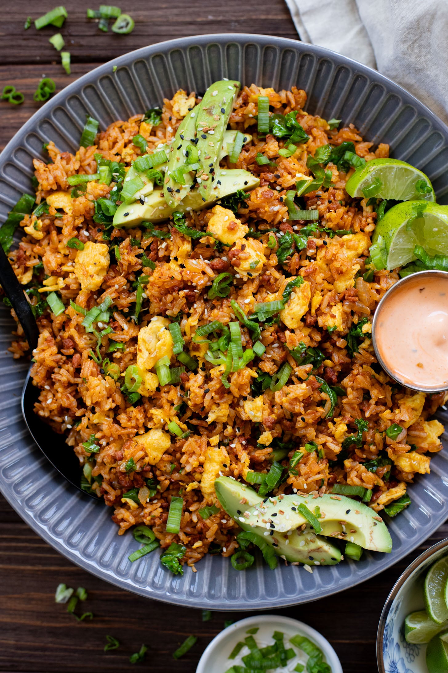This Breakfast Fried Rice is a mix of vegan eggs, soyrizo, veggies and leftover rice. Ready in less than 30 minutes and perfect for any meal | ThisSavoryVegan.com #veganeggs #veganfriedrice #veganbrunch