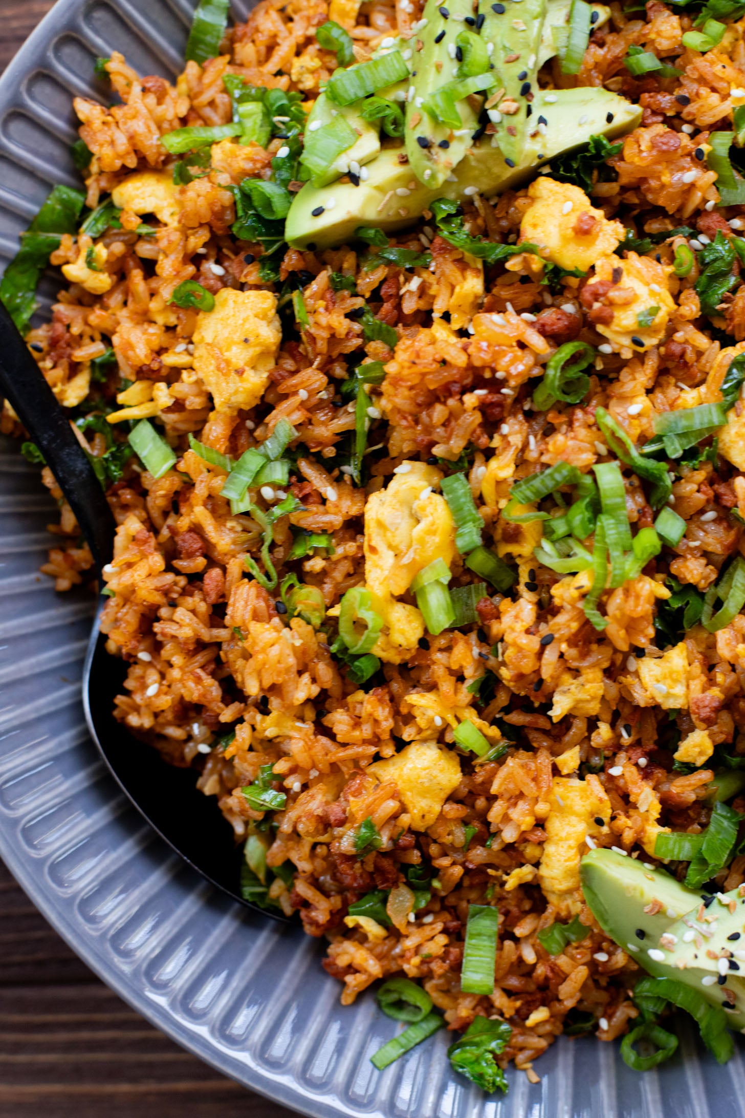 This Breakfast Fried Rice is a mix of vegan eggs, soyrizo, veggies and leftover rice. Ready in less than 30 minutes and perfect for any meal | ThisSavoryVegan.com #veganeggs #veganfriedrice #veganbrunch