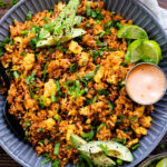 This Breakfast Fried Rice is a mix of vegan eggs, soyrizo, veggies and leftover rice. Ready in less than 30 minutes and perfect for any meal | ThisSavoryVegan.com #veganeggs #veganfriedrice #veganbrunch