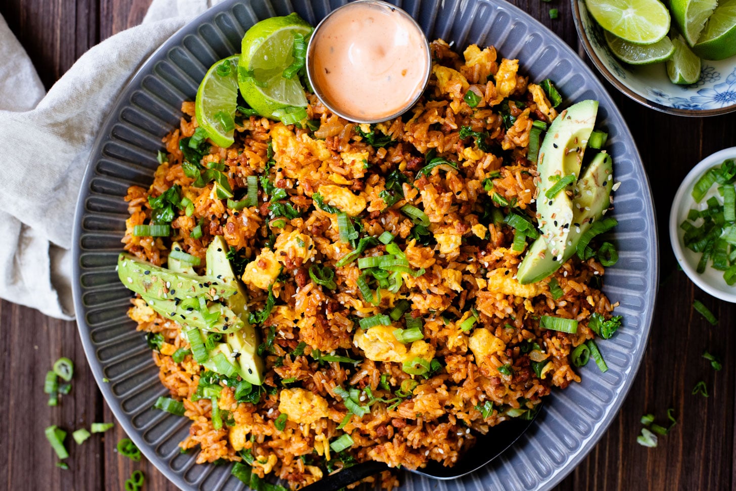 This Breakfast Fried Rice is a mix of vegan eggs, soyrizo, veggies and leftover rice. Ready in less than 30 minutes and perfect for any meal | ThisSavoryVegan.com #veganeggs #veganfriedrice #veganbrunch