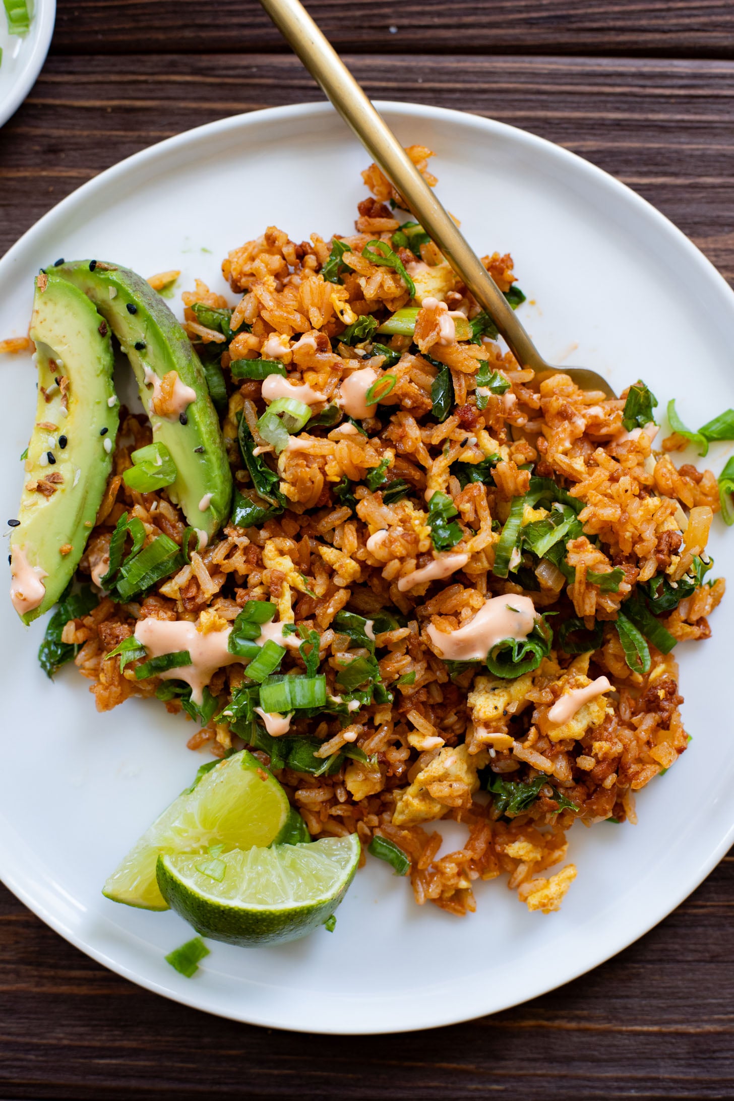 This Breakfast Fried Rice is a mix of vegan eggs, soyrizo, veggies and leftover rice. Ready in less than 30 minutes and perfect for any meal | ThisSavoryVegan.com #veganeggs #veganfriedrice #veganbrunch
