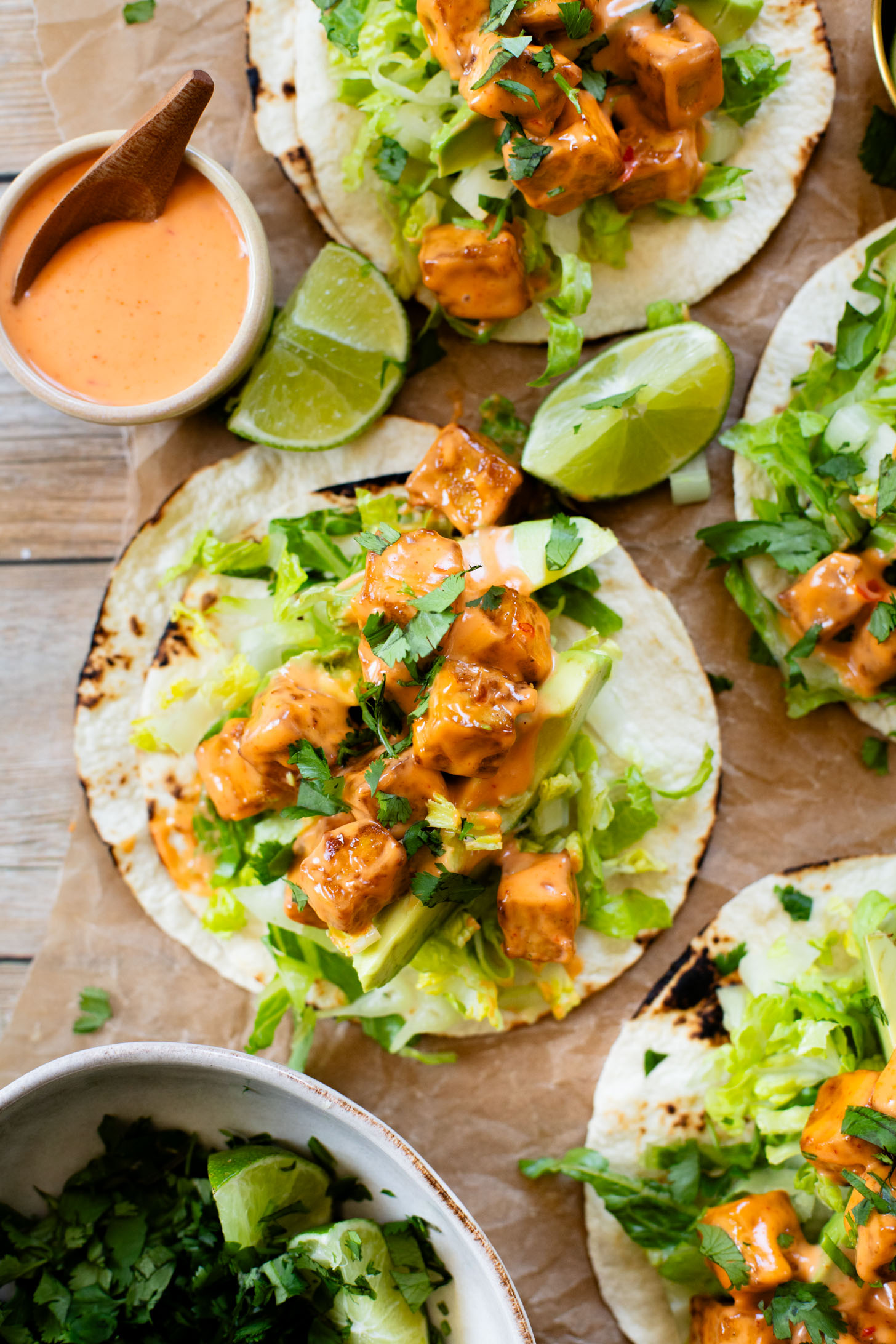 These Bang Bang Tofu Tacos have the perfect amount of spice, creaminess and crunch. The ultimate spicy vegan taco idea | ThisSavoeyVegan.com #thissavoryvegan #vegantacos #tofutacos