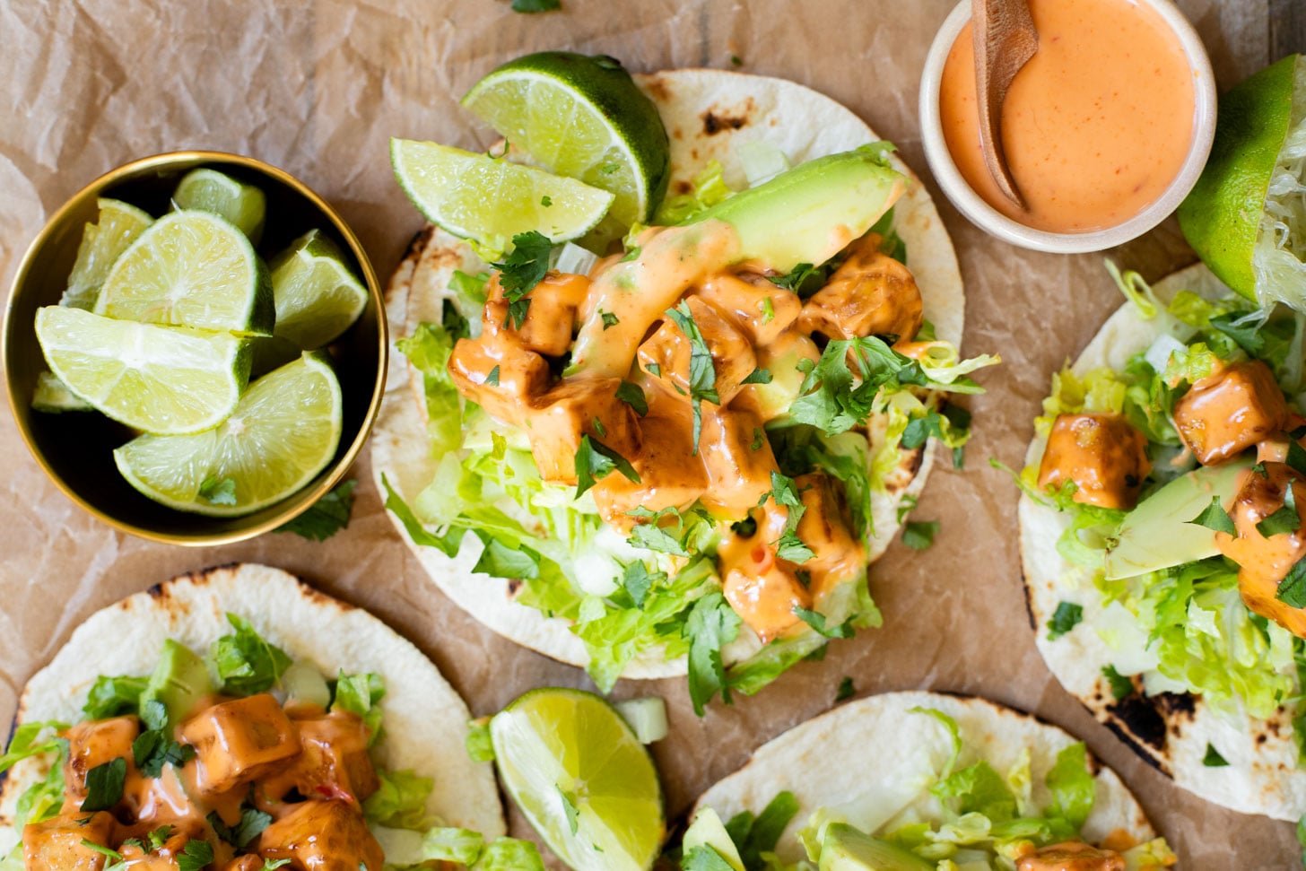 These Bang Bang Tofu Tacos have the perfect amount of spice, creaminess and crunch. The ultimate spicy vegan taco idea | ThisSavoeyVegan.com #thissavoryvegan #vegantacos #tofutacos