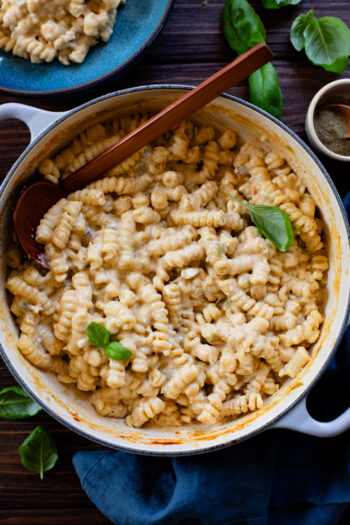 This Stovetop Vegan Mac & Cheese is made with 3 kinds of non-dairy cheese, green chiles and dry seasonings. The perfect one-pot recipe | ThisSavoryVegan.com #veganmacandcheese #onnepotrecipes #veganpasta