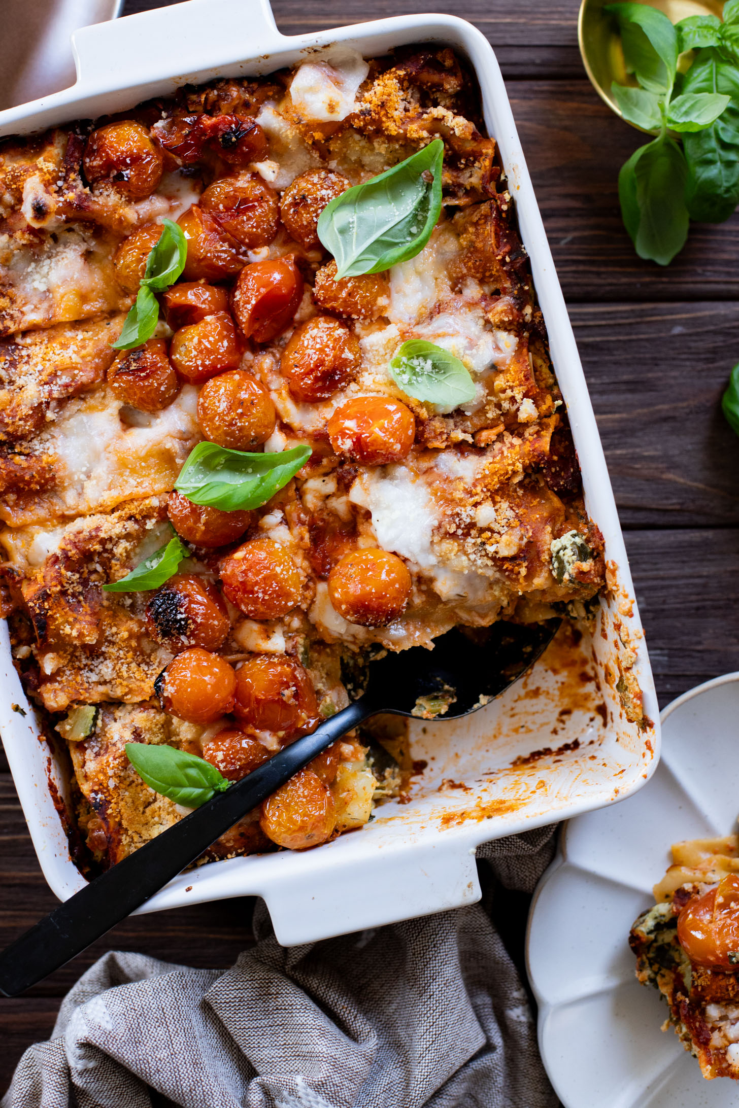 This Roasted Vegetable Lasagna is the perfect end of summer dinner. Filled with roasted veggies, vegan ricotta & feta, marinara and noodles | ThisSavoryVegan.com #thissavoryvegan #veganlasagna #summerrecipes