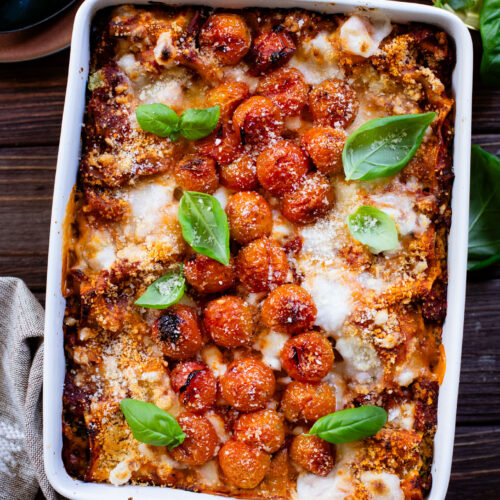 This Roasted Vegetable Lasagna is the perfect end of summer dinner. Filled with roasted veggies, vegan ricotta & feta, marinara and noodles | ThisSavoryVegan.com #thissavoryvegan #veganlasagna #summerrecipes