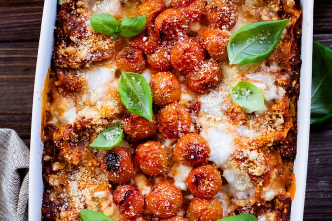 This Roasted Vegetable Lasagna is the perfect end of summer dinner. Filled with roasted veggies, vegan ricotta & feta, marinara and noodles | ThisSavoryVegan.com #thissavoryvegan #veganlasagna #summerrecipes