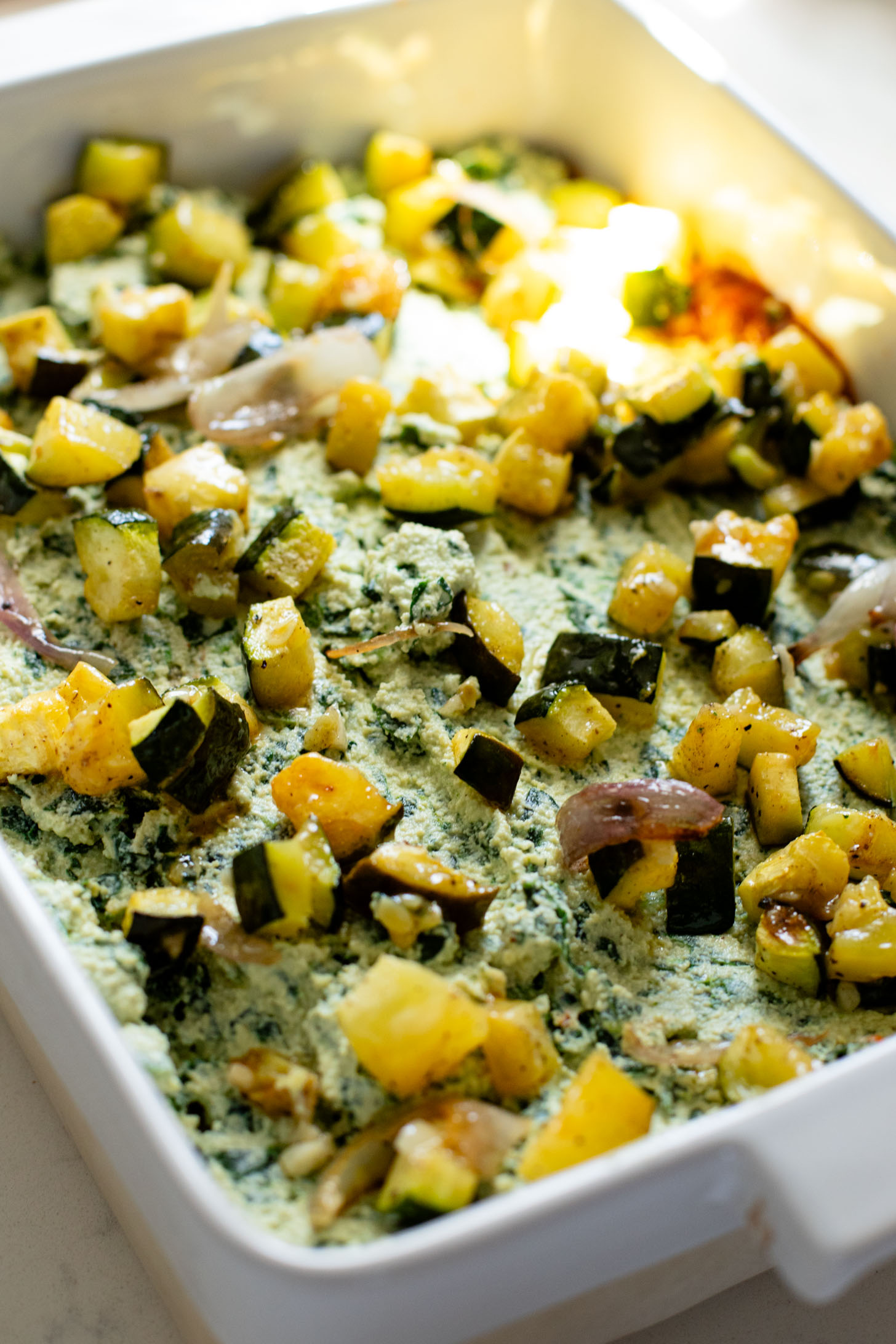 This Roasted Vegetable Lasagna is the perfect end of summer dinner. Filled with roasted veggies, vegan ricotta & feta, marinara and noodles | ThisSavoryVegan.com #thissavoryvegan #veganlasagna #summerrecipes