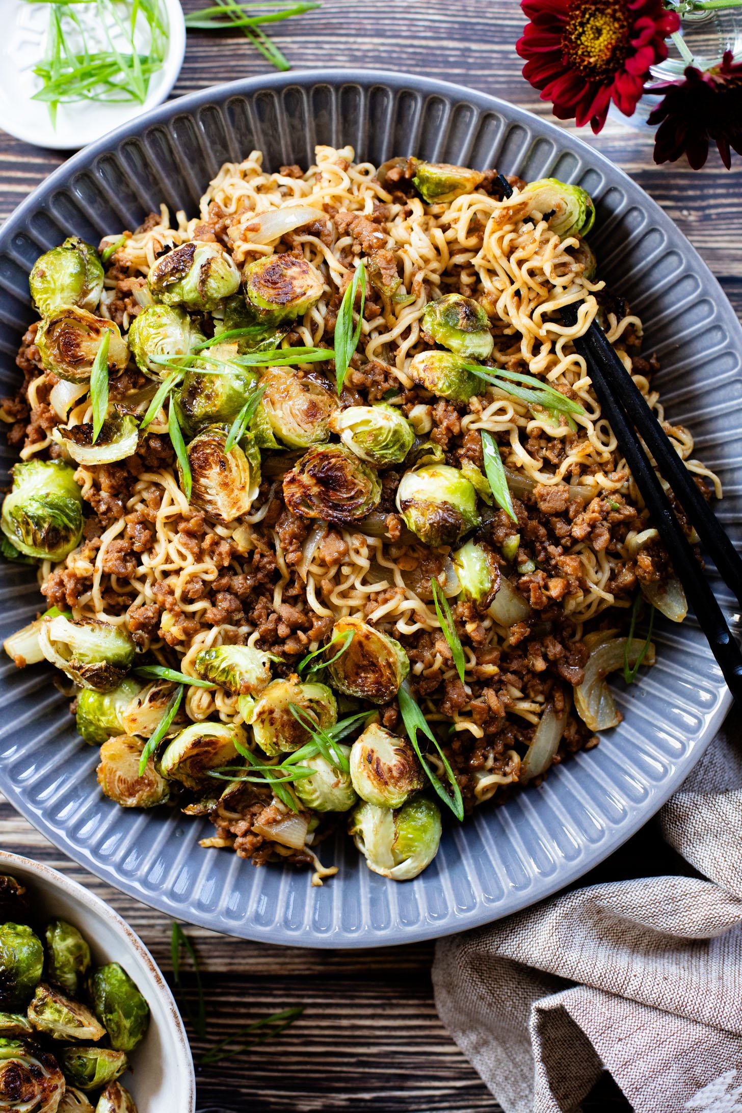 Ramen Noodles & Miso Glazed Brussels Sprouts - This Savory Vegan