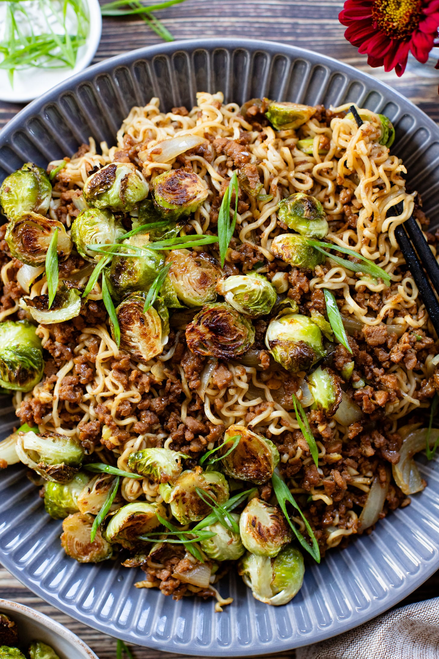 These Ramen Noodles & Miso Glazed Brussels Sprouts are a scrumptious vegan dinner! Noodles are cooked with vegan beef and served with crispy sprouts | ThisSavoryVegan.com #thissavoryvegan #noodles #vegannoodles