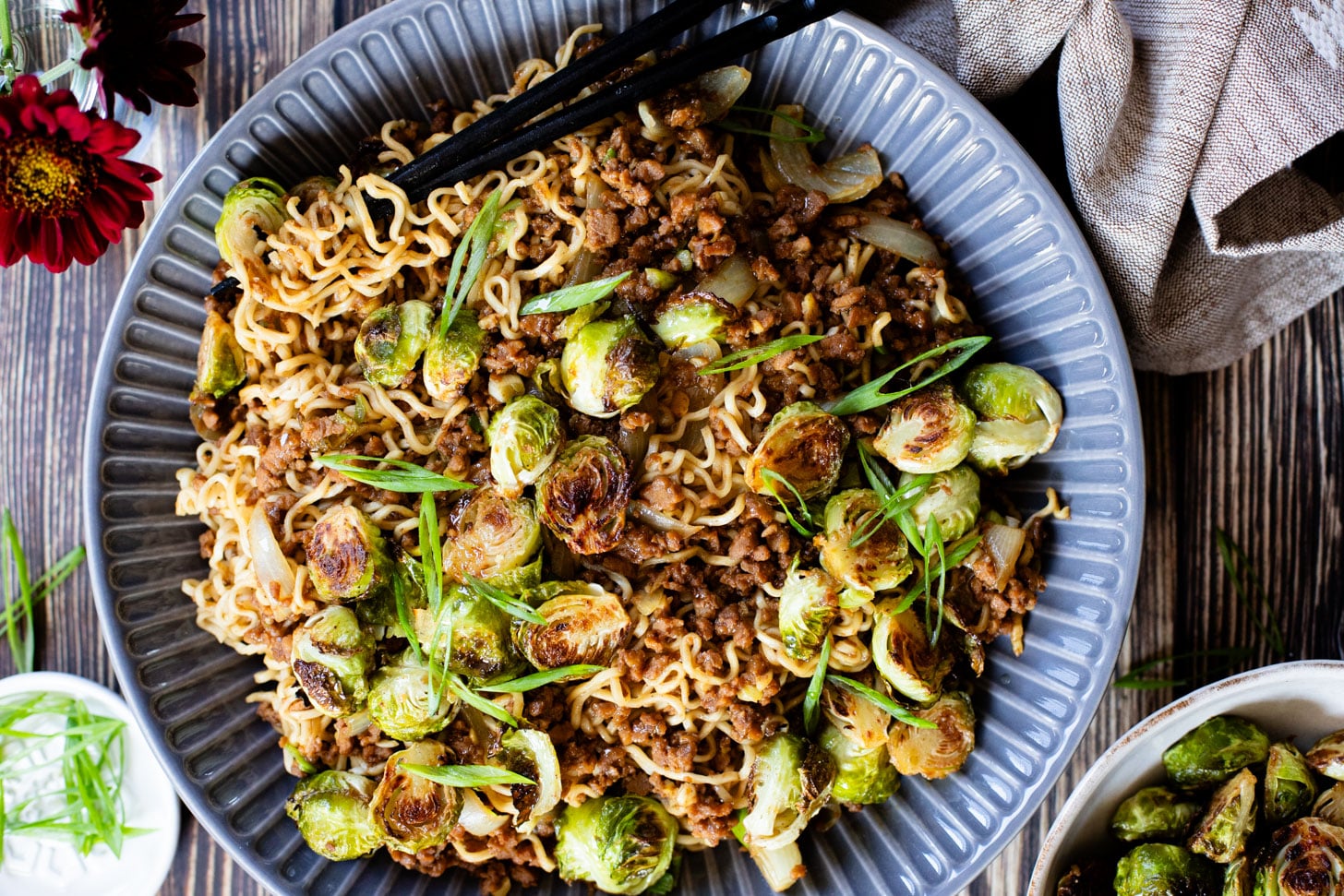 These Ramen Noodles & Miso Glazed Brussels Sprouts are a scrumptious vegan dinner! Noodles are cooked with vegan beef and served with crispy sprouts | ThisSavoryVegan.com #thissavoryvegan #noodles #vegannoodles