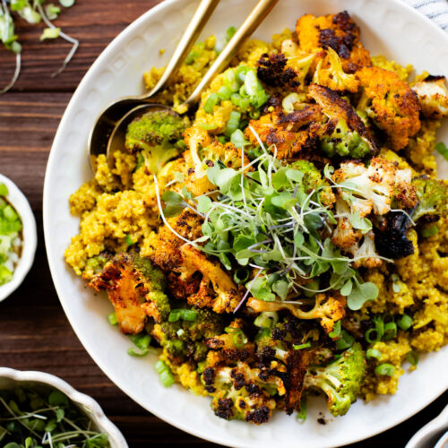Simple and delicious, this Roasted Cauliflower & Curried Quinoa has Indian-inspired flavors and is ready in 35 minutes. A quick vegan weeknight dinner | ThisSavoryVegan.com #thissavoryvegan #quinoarecipes #roastedveggies