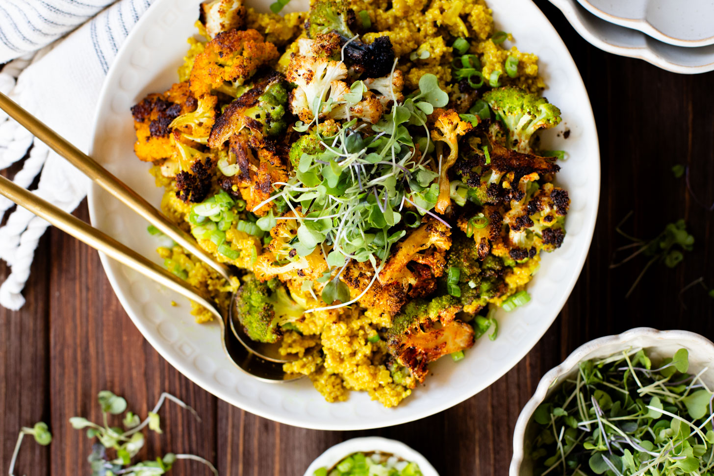 Simple and delicious, this Roasted Cauliflower & Curried Quinoa has Indian-inspired flavors and is ready in 35 minutes. A quick vegan weeknight dinner | ThisSavoryVegan.com #thissavoryvegan #quinoarecipes #roastedveggies