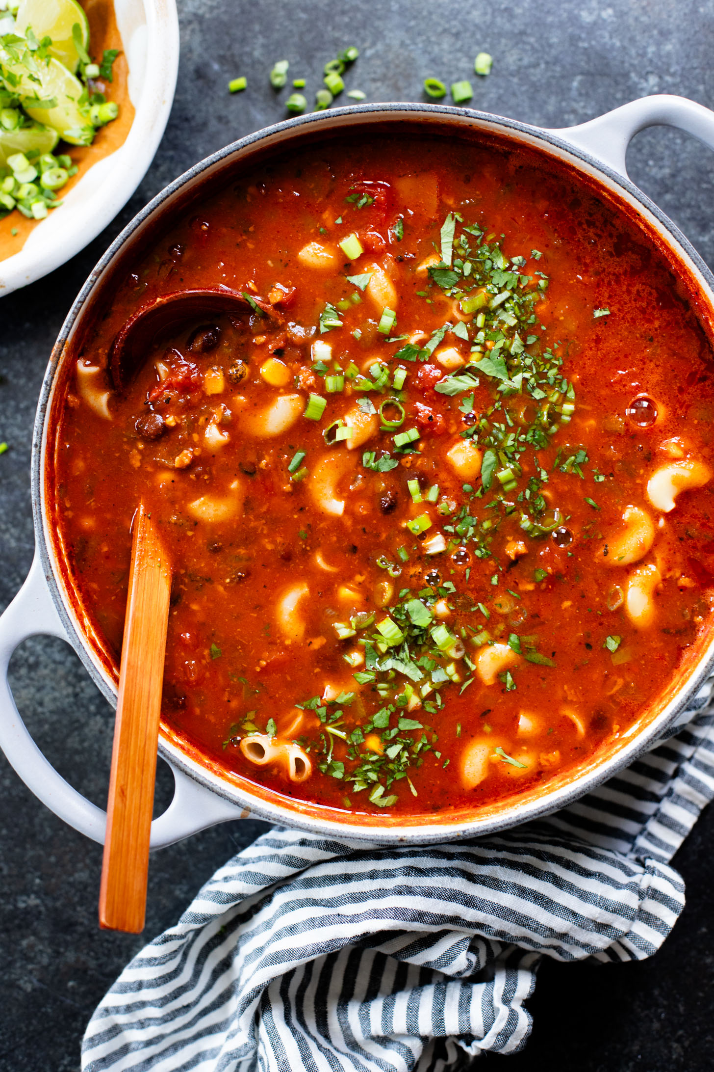 This Simple Macaroni Taco Soup is dairy-free and filled with black beans, soyrizo, a tomato base and macaroni. Ready in 30 minutes | ThisSavoryVegan.com #thissavoryvegan #tacosoup #vegansoup