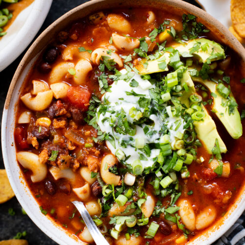 This Simple Macaroni Taco Soup is dairy-free and filled with black beans, soyrizo, a tomato base and macaroni. Ready in 30 minutes | ThisSavoryVegan.com #thissavoryvegan #tacosoup #vegansoup