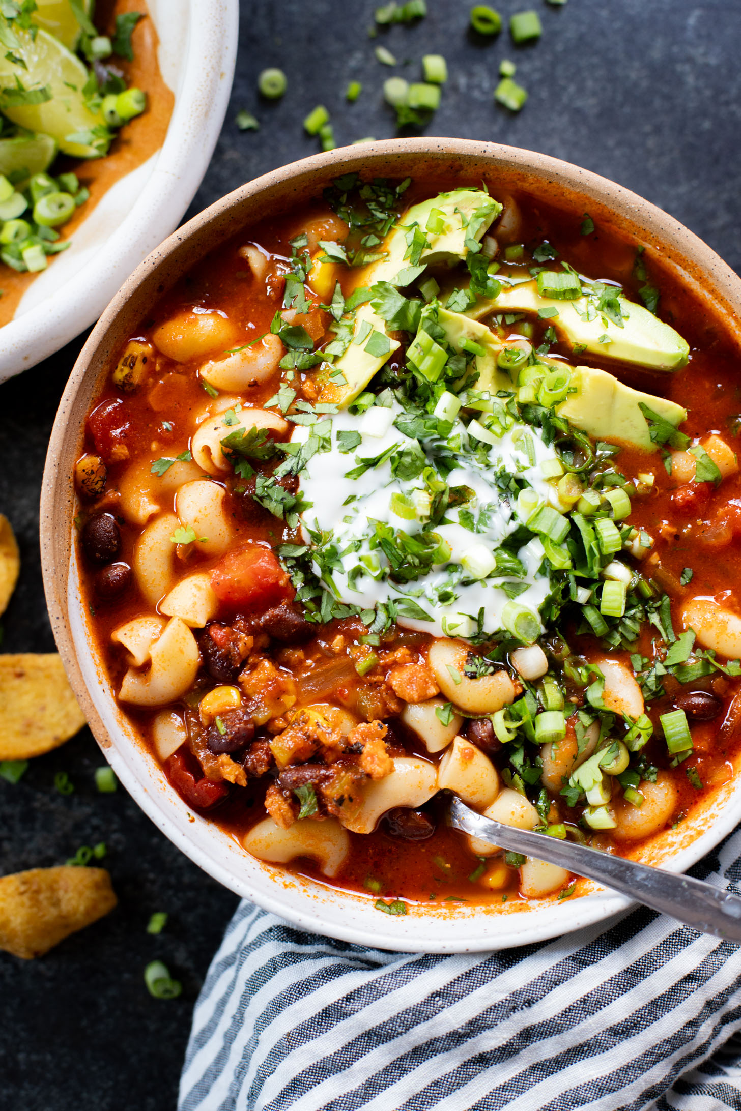 This Simple Macaroni Taco Soup is dairy-free and filled with black beans, soyrizo, a tomato base and macaroni. Ready in 30 minutes | ThisSavoryVegan.com #thissavoryvegan #tacosoup #vegansoup