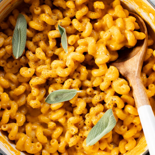 This vegan Butternut Squash Mac & Cheese is creamy, delicious and full of fall flavors. This is the perfect vegan holiday side dish | ThisSavoryVegan.com #thissavoryvegan #veganthanksgiving #veganmacandcheese