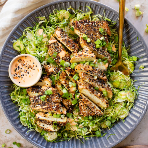 This Sesame Crusted Tofu Brussels Sprouts Salad is quick, light and protein packed. Raw shaved brussels sprouts and baked tofu in a maple dressing | ThisSavoryVegan.com #thissavoryvegan #bakedtofu #easytofurecipes